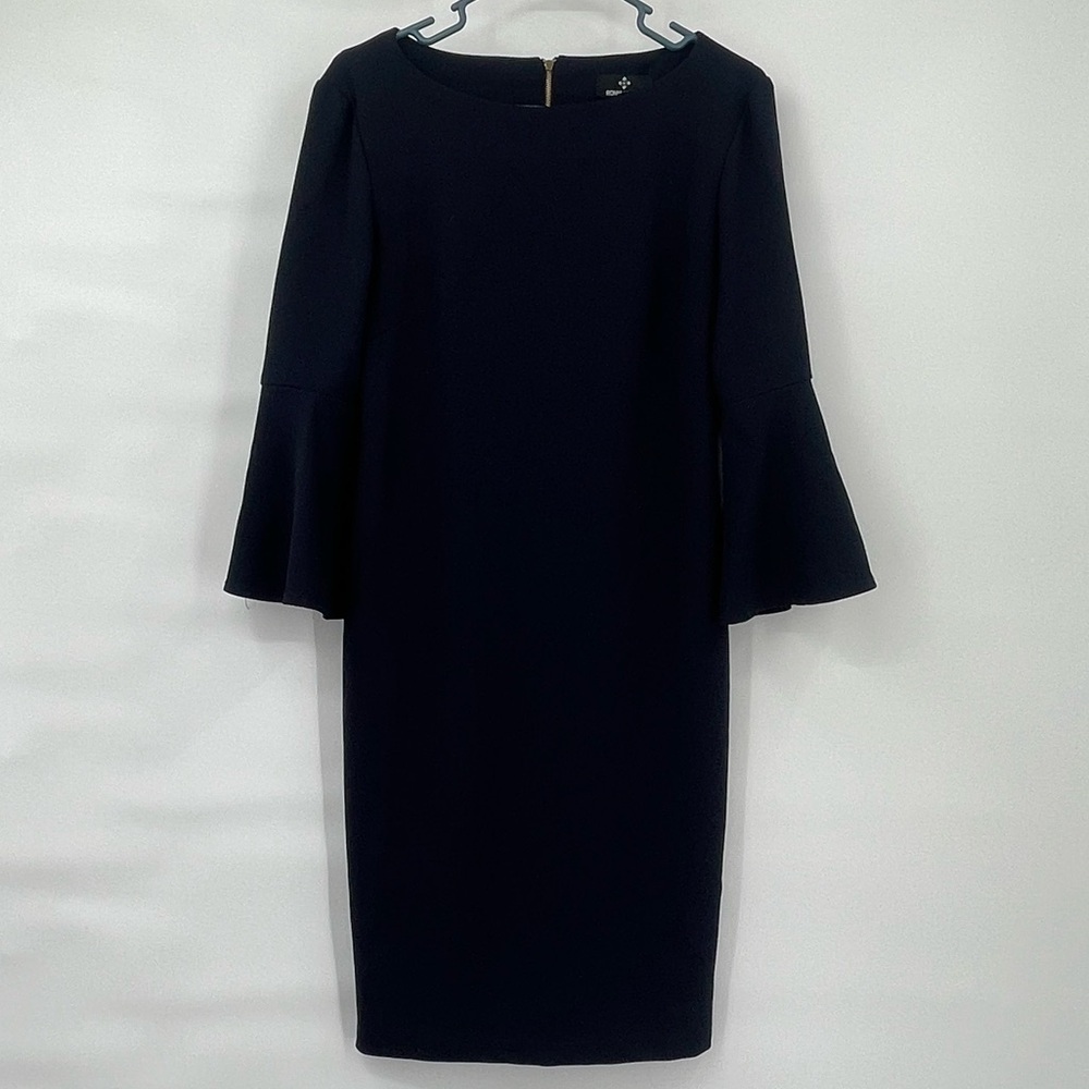 Ronni Nicole Navy gold button long bell sleeve sheath dress